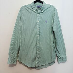 Ralph Lauren Shirt Mens 16 L Green Striped Classic Fit Button Down Purple Pony